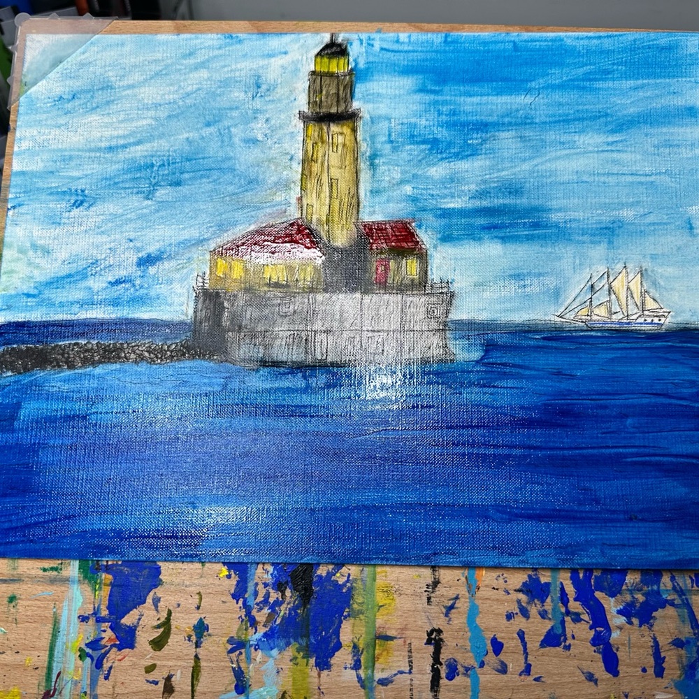 Lighthouse and Sailboat Canvas Art in Blue and Red